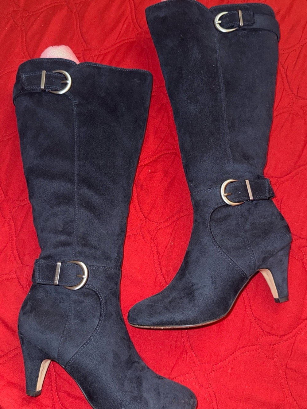 Source Unknown Black Suede Knee Boots with Buckle Accents